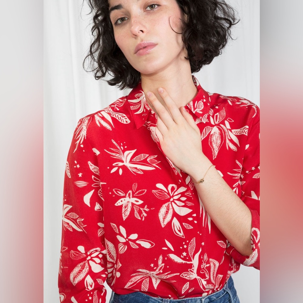 & Other Stories 100% Silk Long Sleeve Button Down Collared Blouse Red & White 10 - Picture 5 of 16